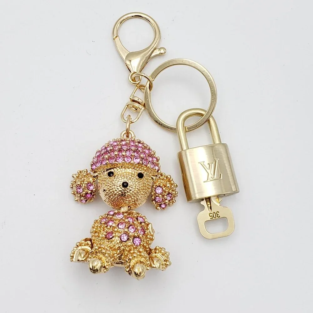 Authentic Louis Vuitton Gold Padlock & Key w/Unbranded Rhinestone Dog Keychain - Picture 2 of 8